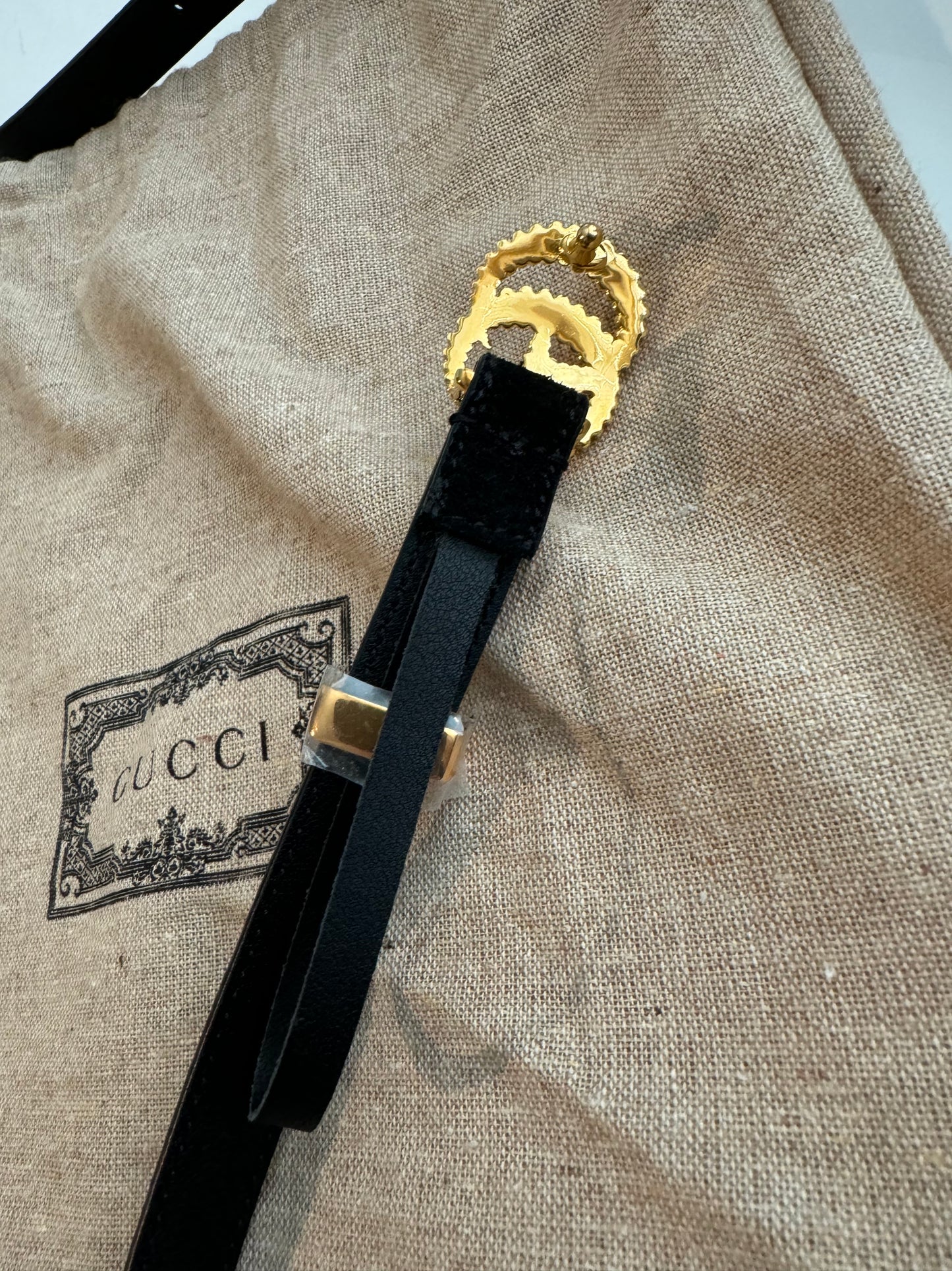Gucci With Gold Embossed GG Black Suede Leather Belt Size : 90