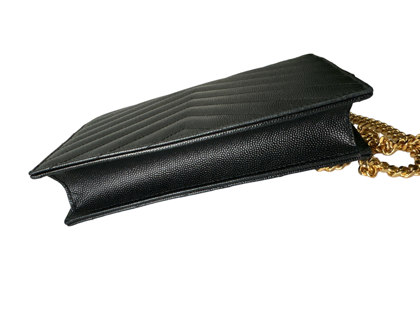 YSL CASSANDRE ENVELOPE CHAIN WALLET IN GRAIN DE POUDRE LEATHER NOIR