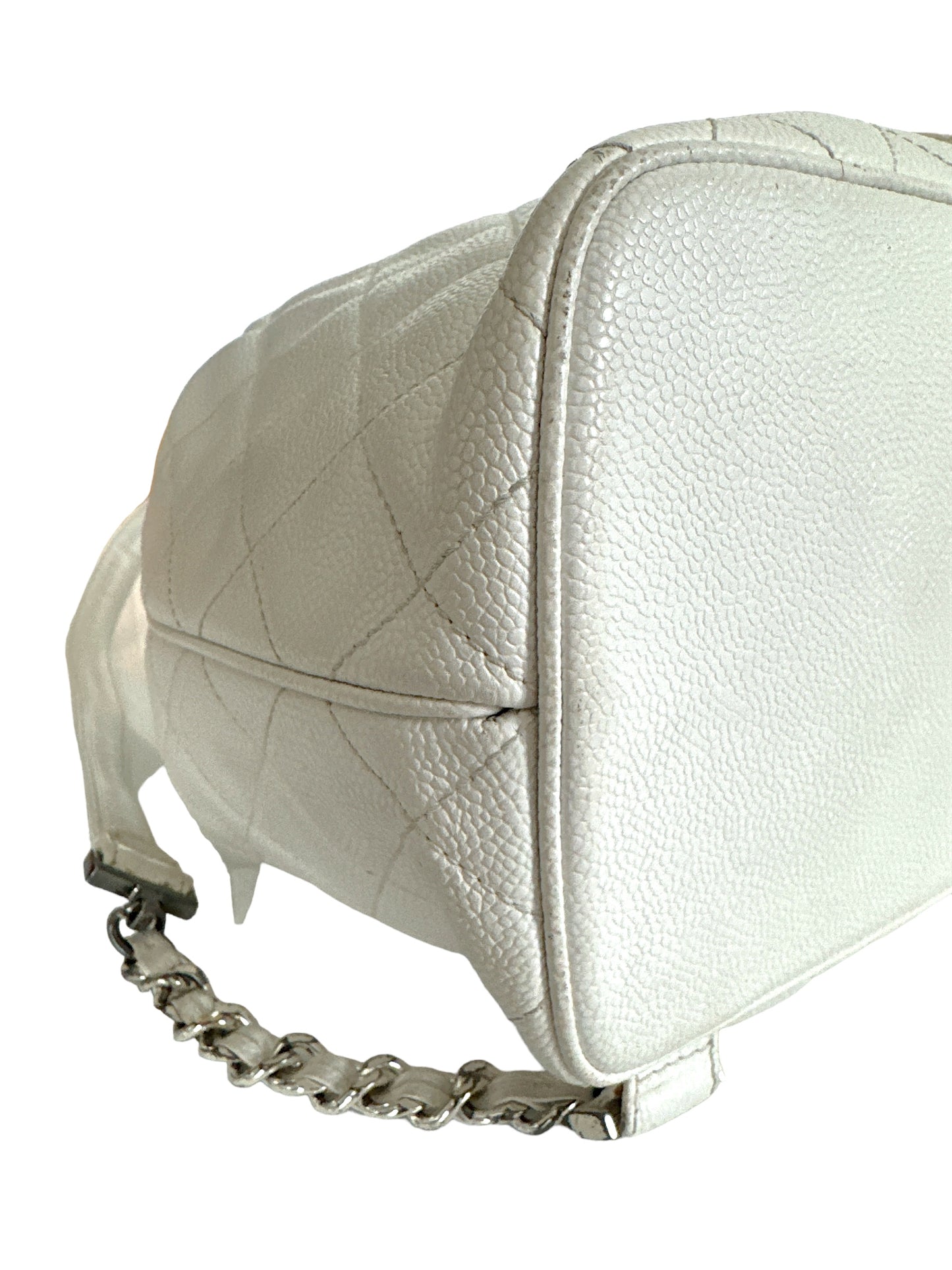 Chanel Caviar White Leather Bucket Bag Silver Hardware