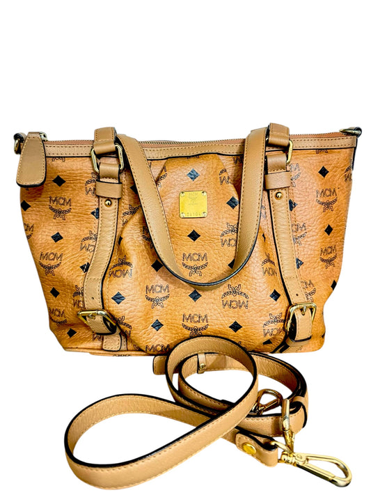 MCM Visetos Cognac Small Tote With Adjustable Strap