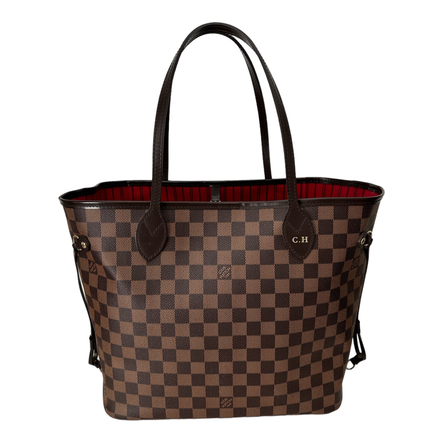 Louis Vuitton Neverfull MM in Damier Ebene with Heatstamped Initials