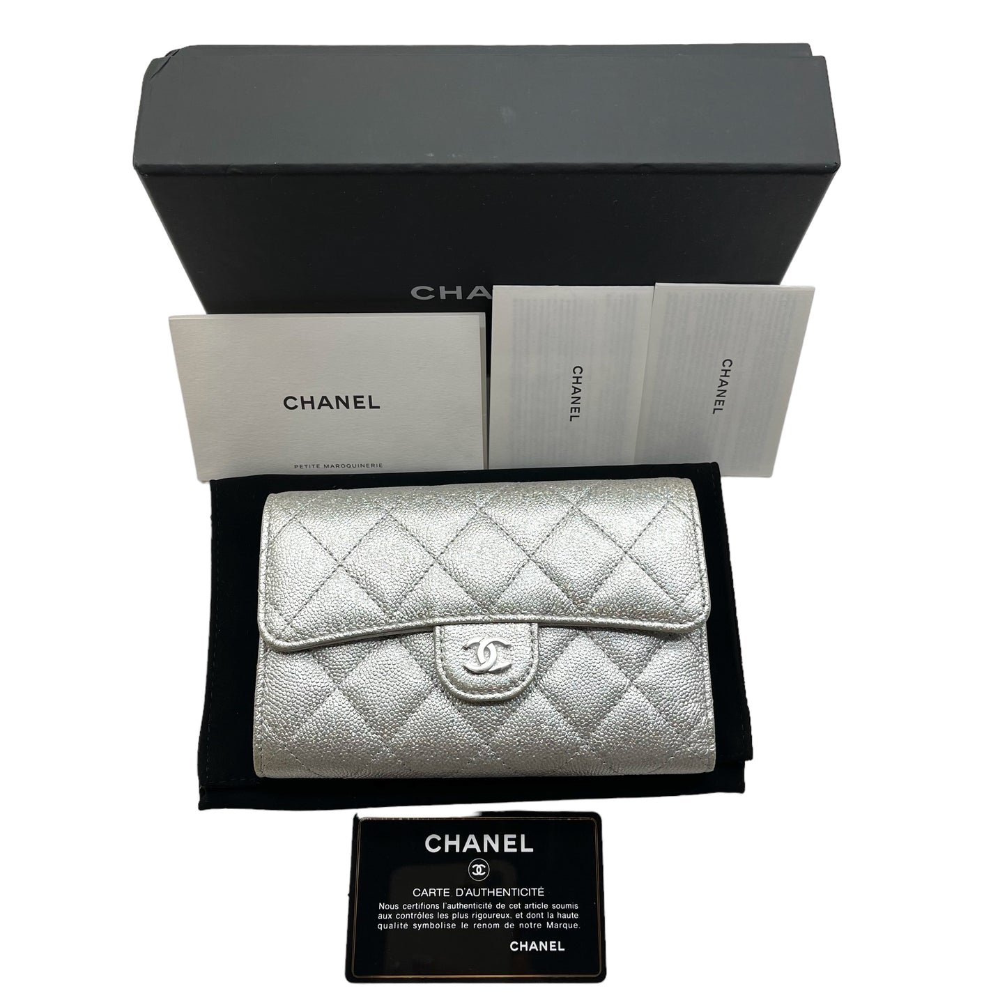 Chanel Metallic Classic Flap Silver Metal  Caviar Wallet