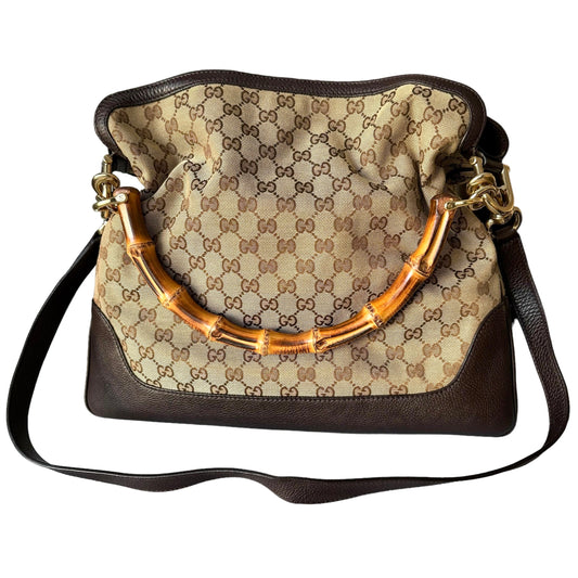 Gucci GG Brown Canvas Bamboo With Detachable Strap Bag