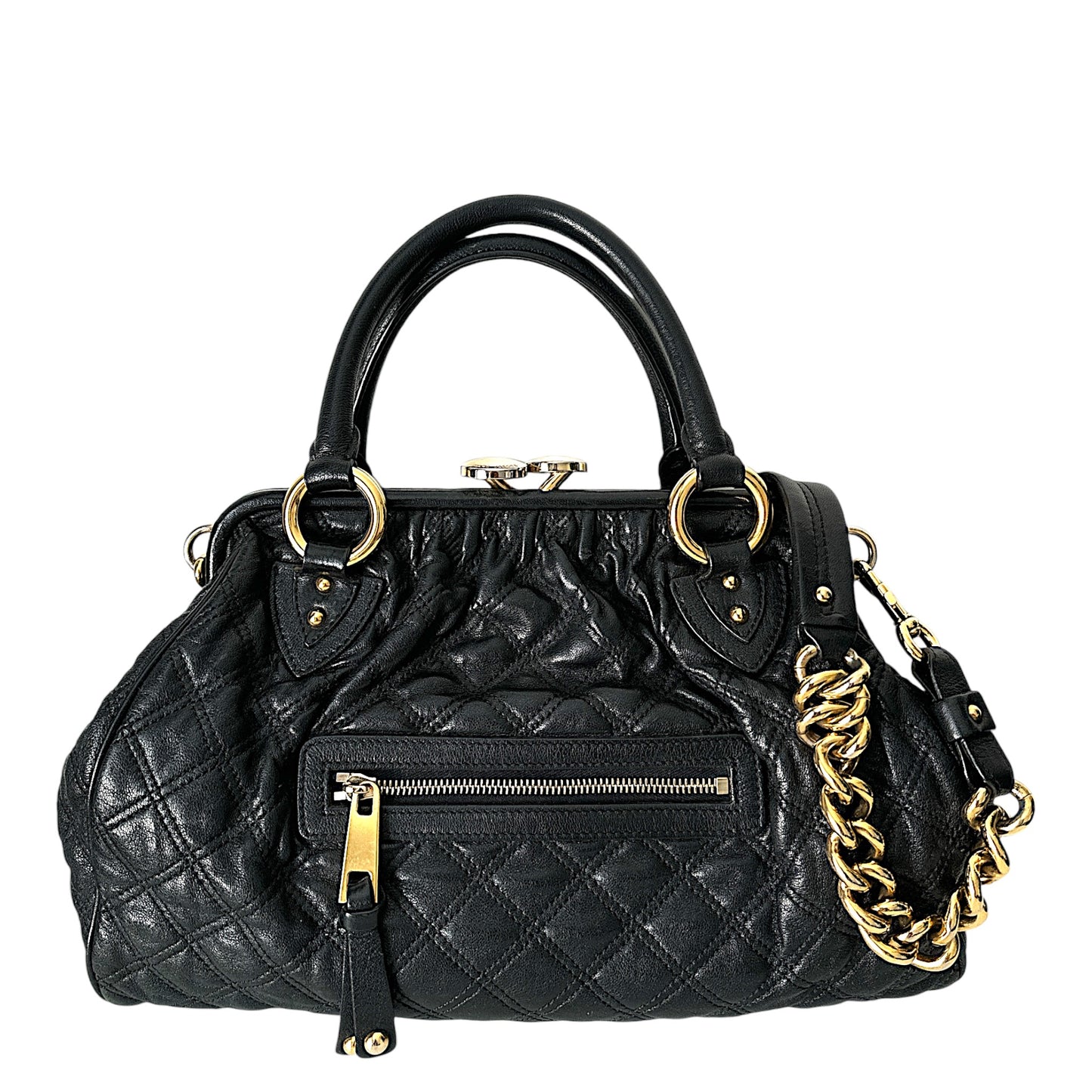 MARC JACOBS Quilted Leather Stam Bag Chain Strap Black Gold Hardware