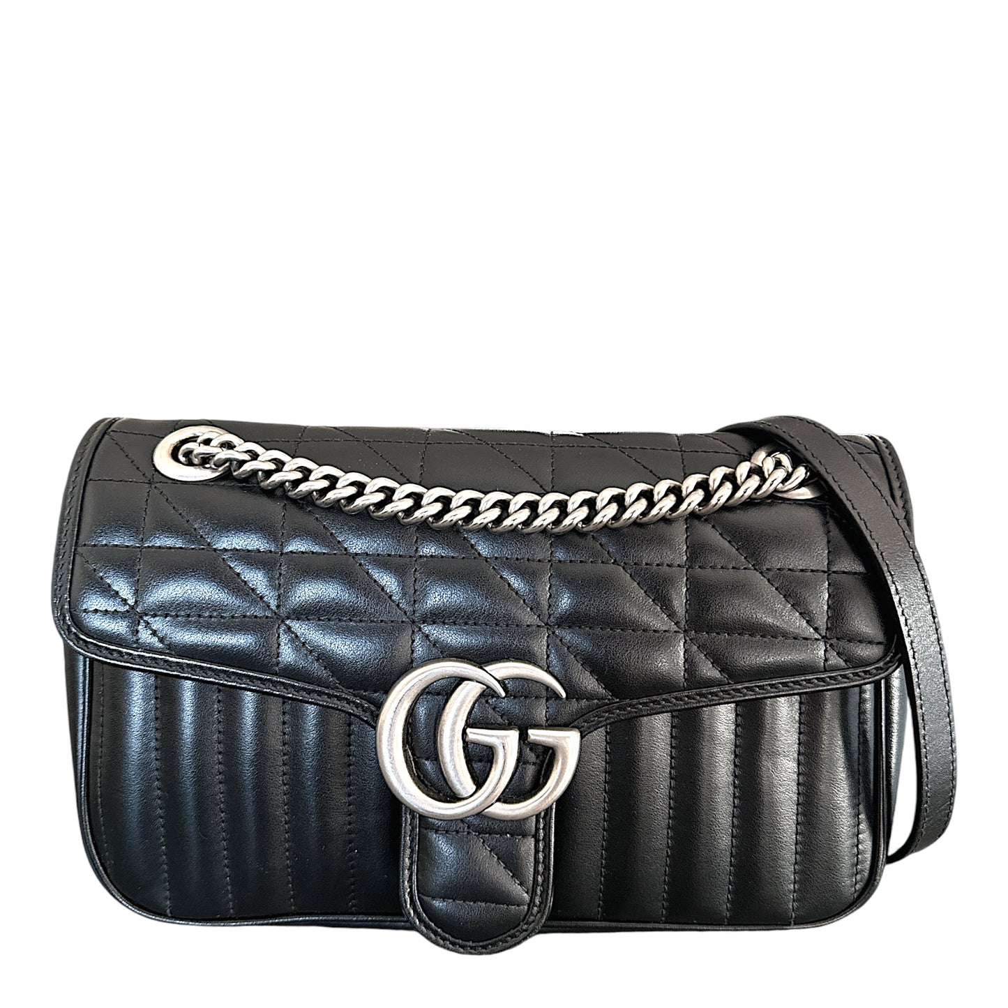 Gucci Calfskin Matelasse Aria Small GG Marmont Shoulder Bag Black