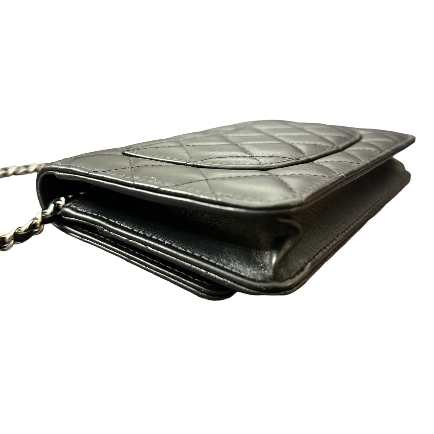Chanel Classic Wallet On Chain Black Silver Metal Lambskin Bag