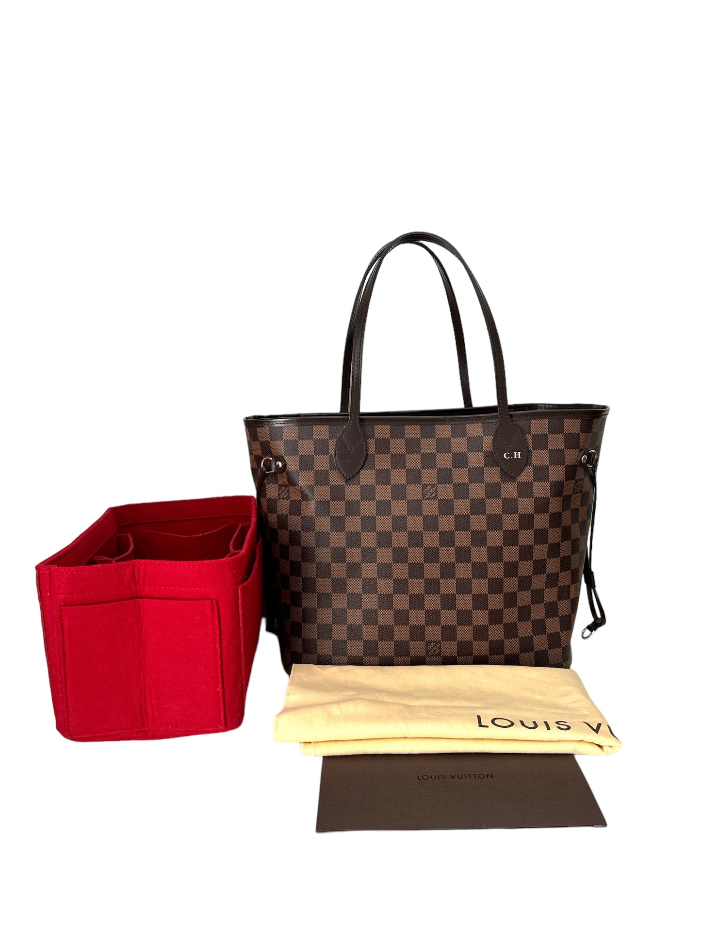 Louis Vuitton Neverfull MM in Damier Ebene with Heatstamped Initials