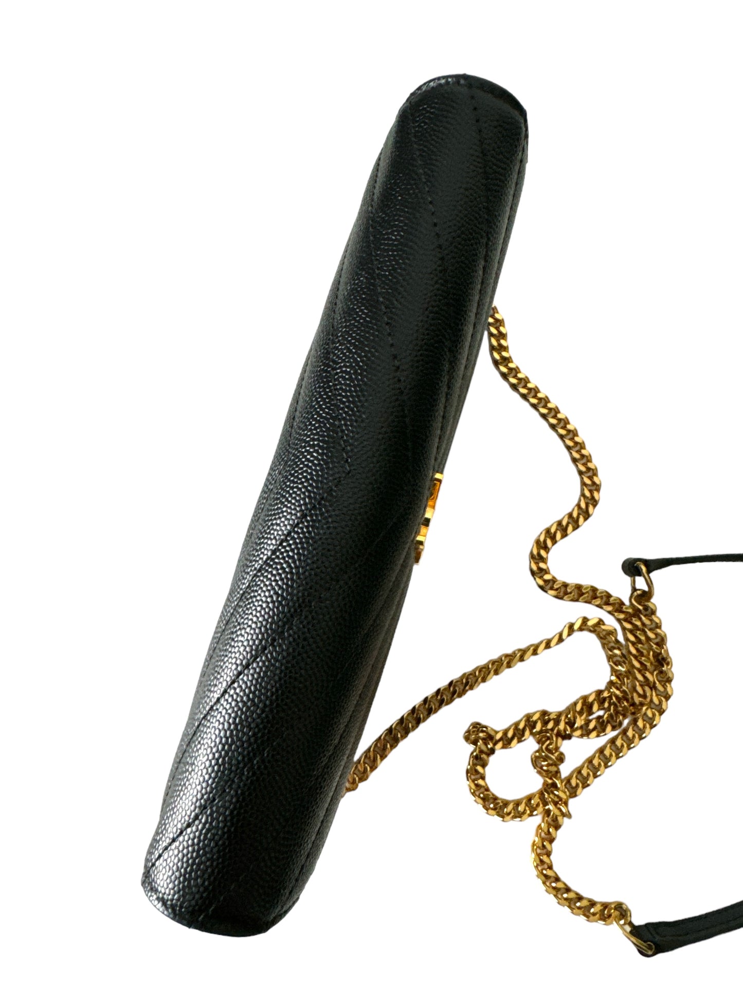 YSL CASSANDRE ENVELOPE CHAIN WALLET IN GRAIN DE POUDRE LEATHER NOIR