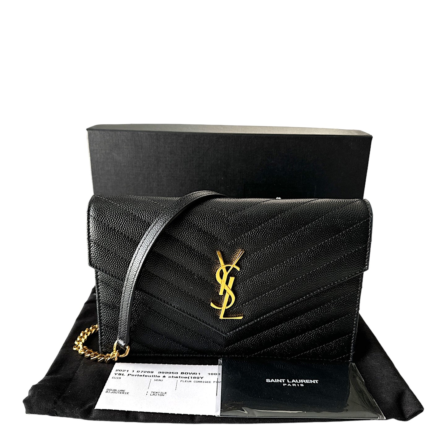 YSL CASSANDRE ENVELOPE CHAIN WALLET IN GRAIN DE POUDRE LEATHER NOIR