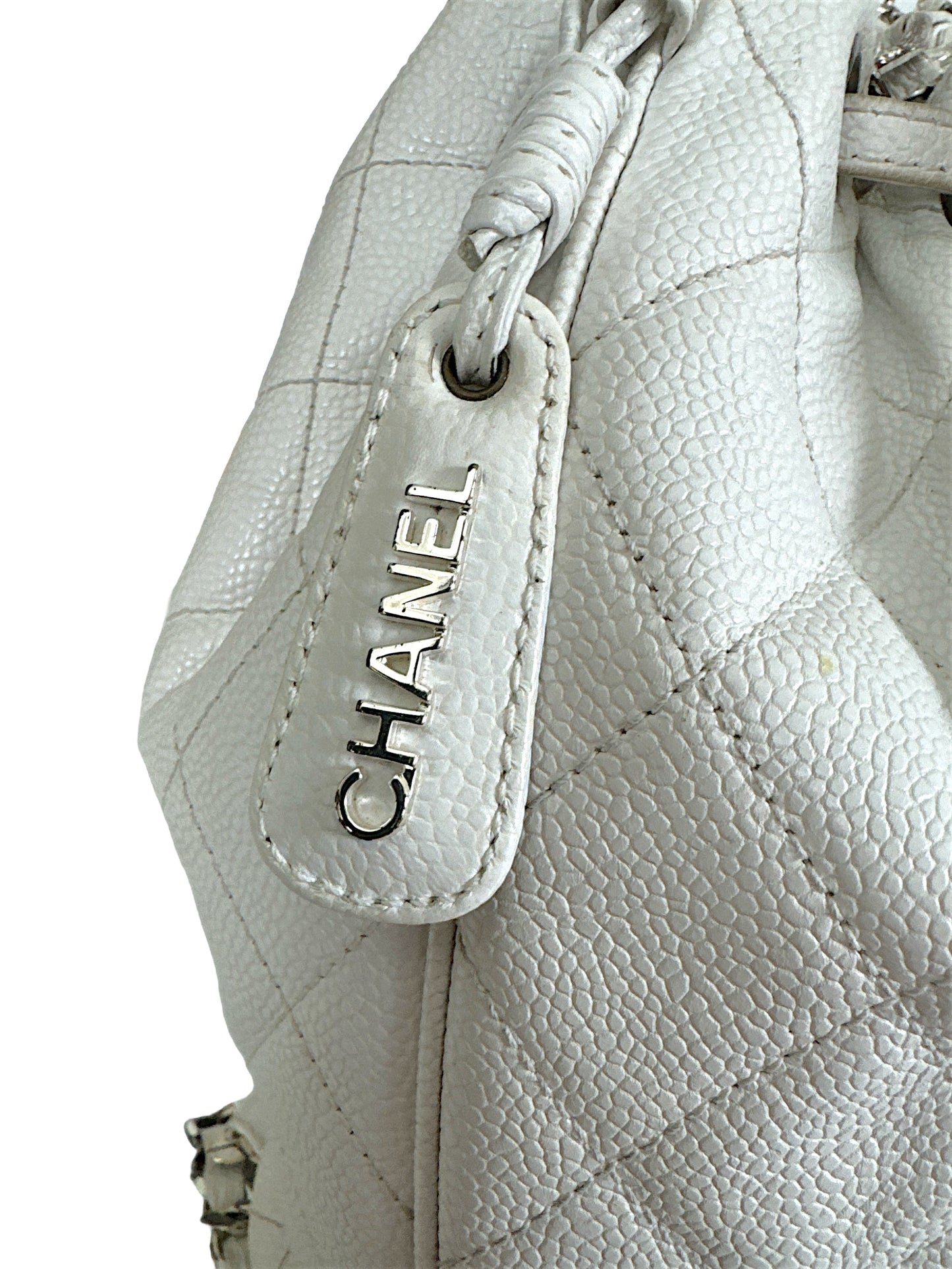 Chanel Caviar White Leather Bucket Bag Silver Hardware