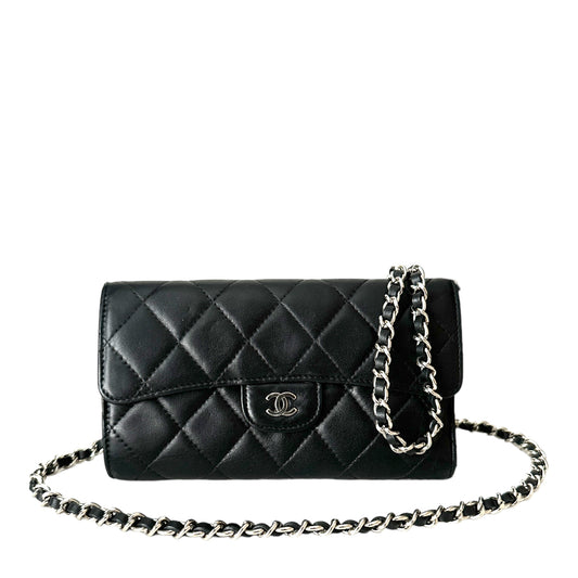 CHANEL CLASSIC FLAP LONG WALLET | BLACK LAMBSKIN SILVER HARDWARE