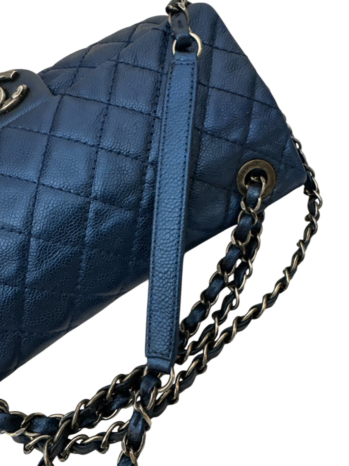 Chanel Medium Dark Blue Metalic Caviar Easy Flap Shoulder Bag