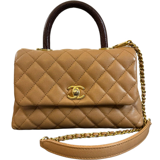 Chanel Small Coco Handle Bag with Lizard Handle in Caramel Caviar