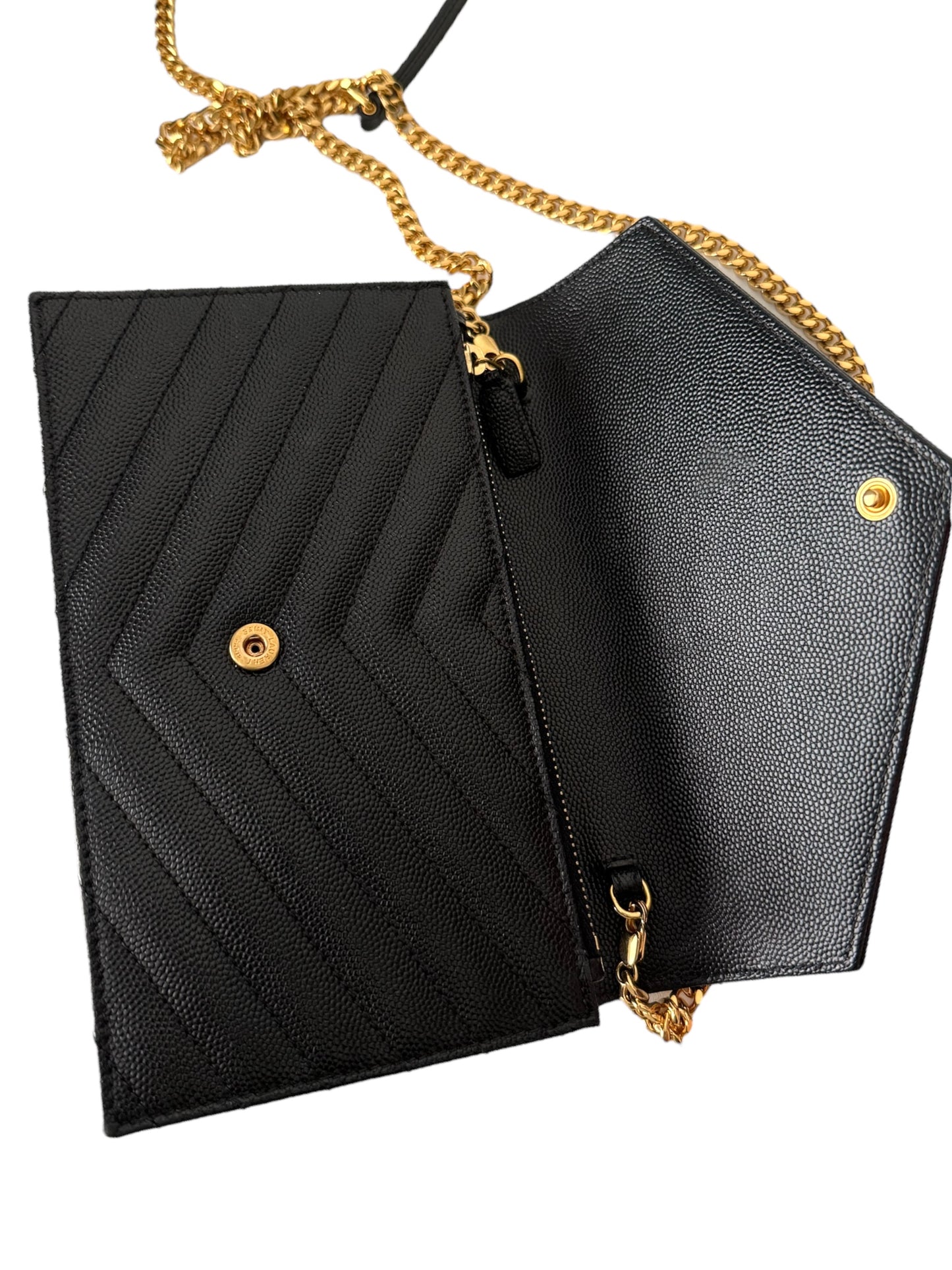 YSL CASSANDRE ENVELOPE CHAIN WALLET IN GRAIN DE POUDRE LEATHER NOIR