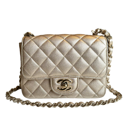 Chanel Mini Square Lambskin Gold Bag