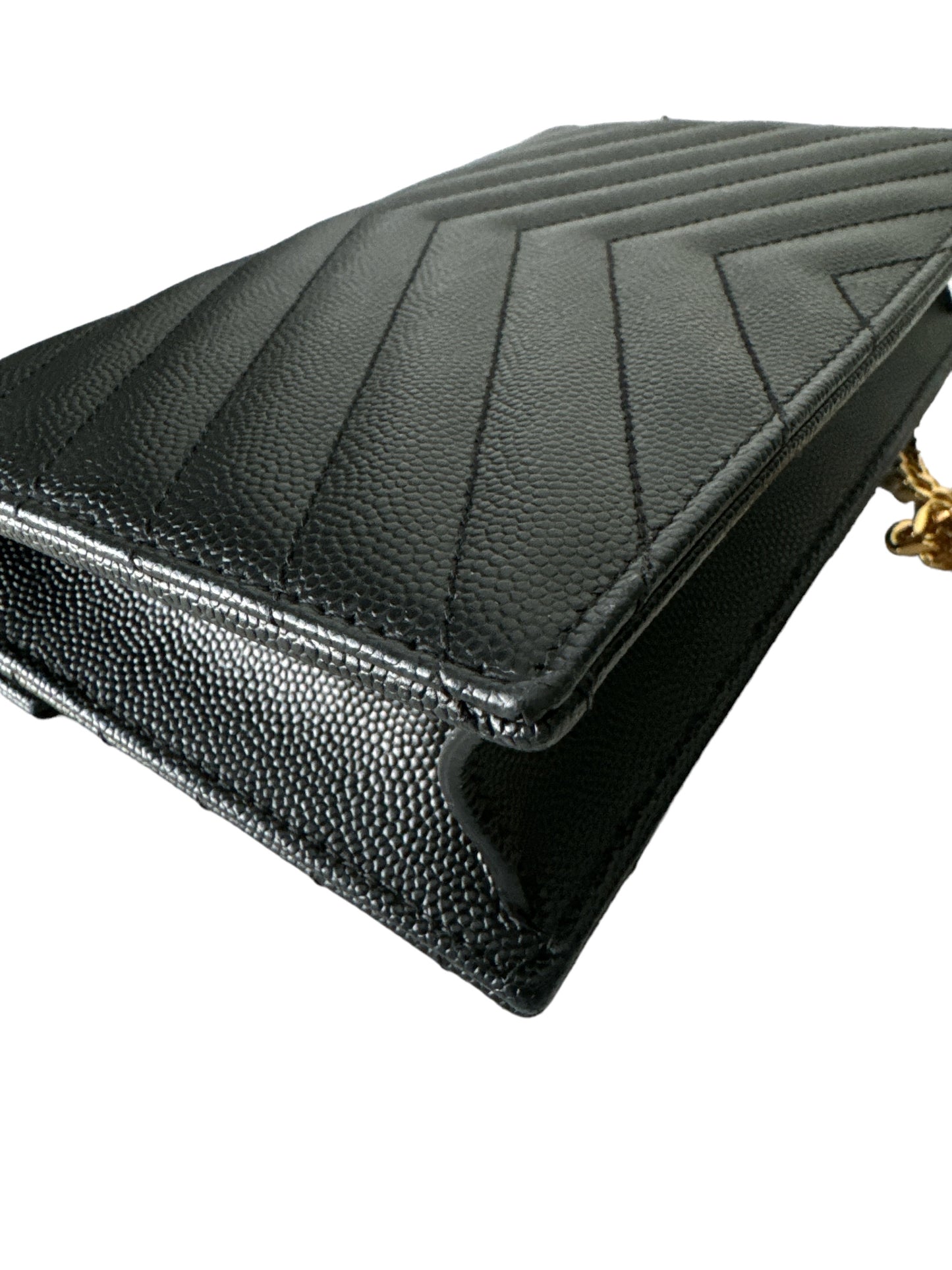 YSL CASSANDRE ENVELOPE CHAIN WALLET IN GRAIN DE POUDRE LEATHER NOIR