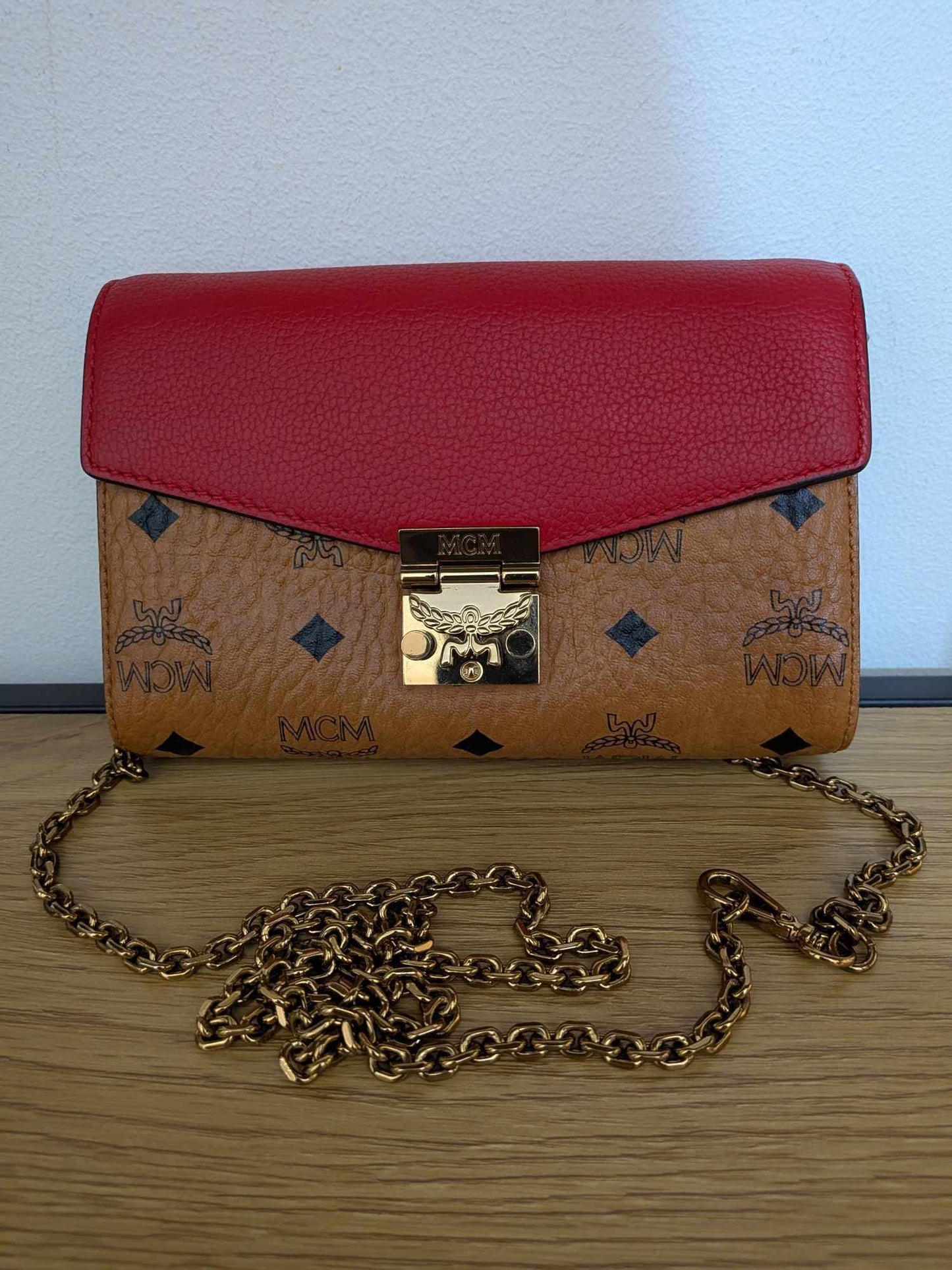 MCM Small Crossbody Visetos Cognac Red Gold Hardware & LV Mono gram Wallet