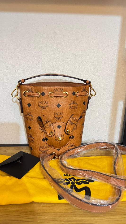MCM Rabbit Zoo Drawstring Mini Bucket Bag Visetos Cognac Bag