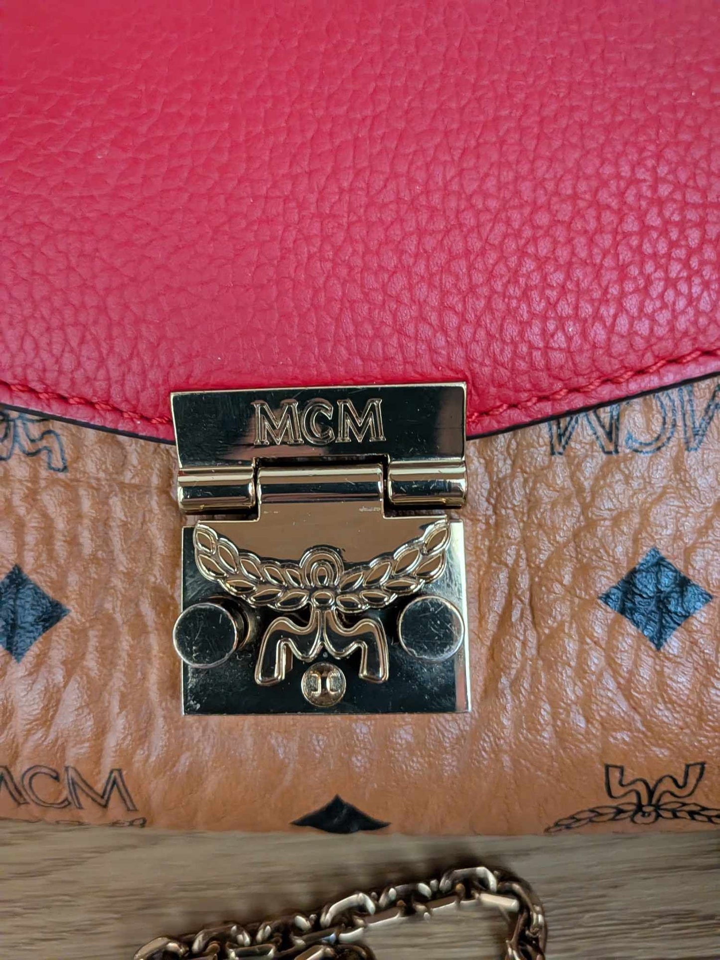 MCM Small Crossbody Visetos Cognac Red Gold Hardware & LV Mono gram Wallet