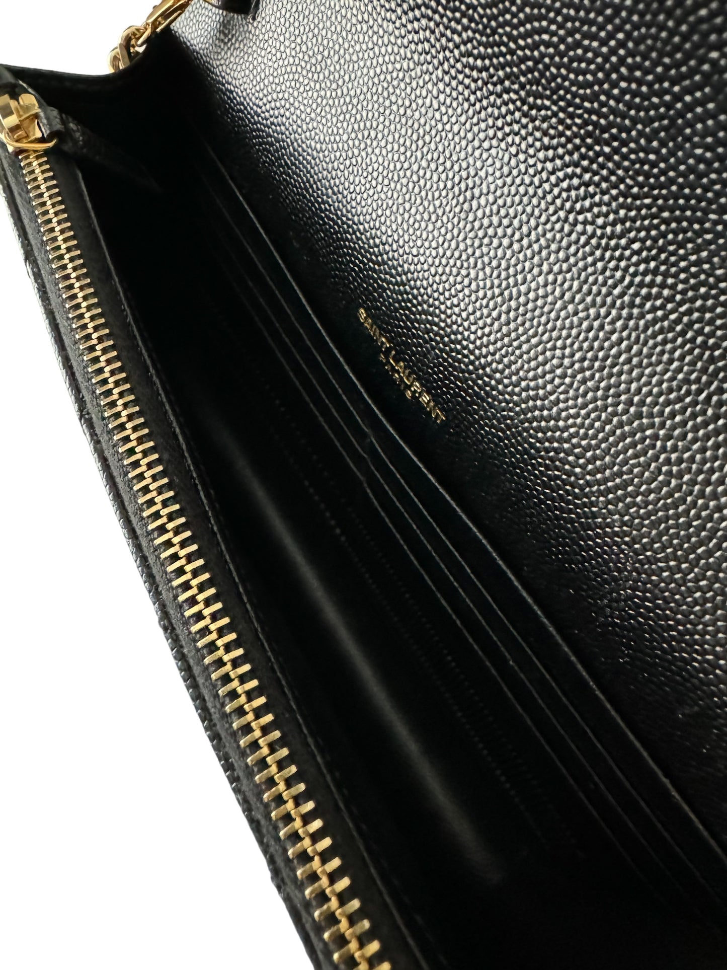 YSL CASSANDRE ENVELOPE CHAIN WALLET IN GRAIN DE POUDRE LEATHER NOIR