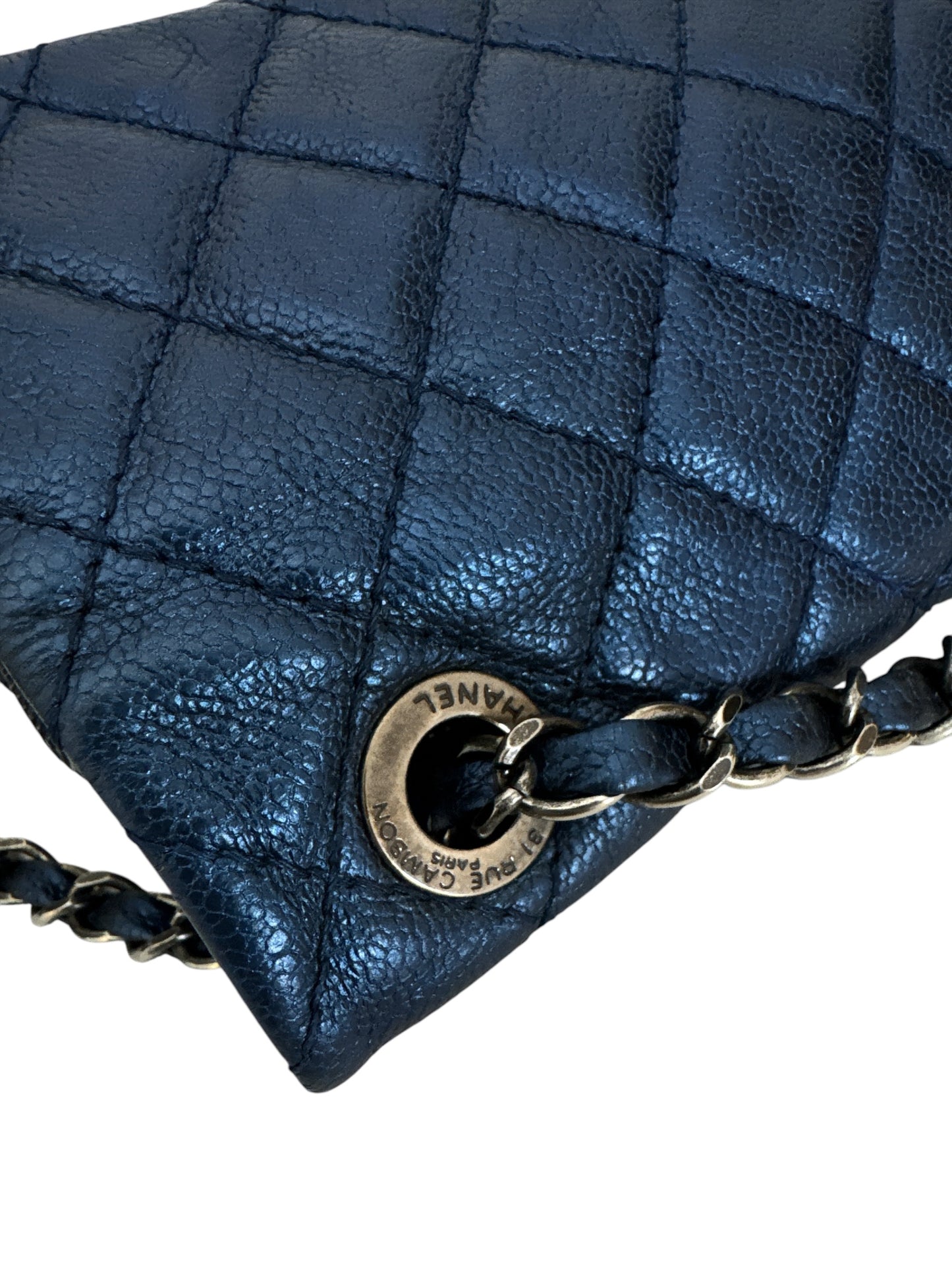 Chanel Medium Dark Blue Metalic Caviar Easy Flap Shoulder Bag