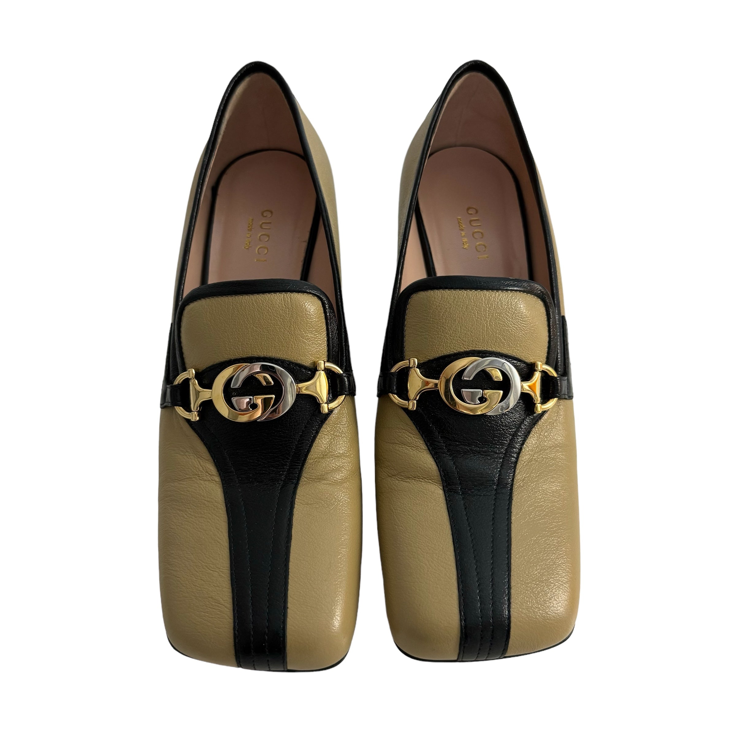 Gucci Zumi Loafer Pumps Size 37 Beige Black Leather Loveyourbags