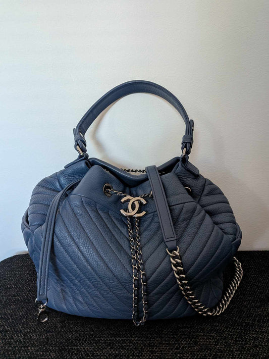 Chanel Chevron CC Chain Bucket Drawstring Bag Navy Blue