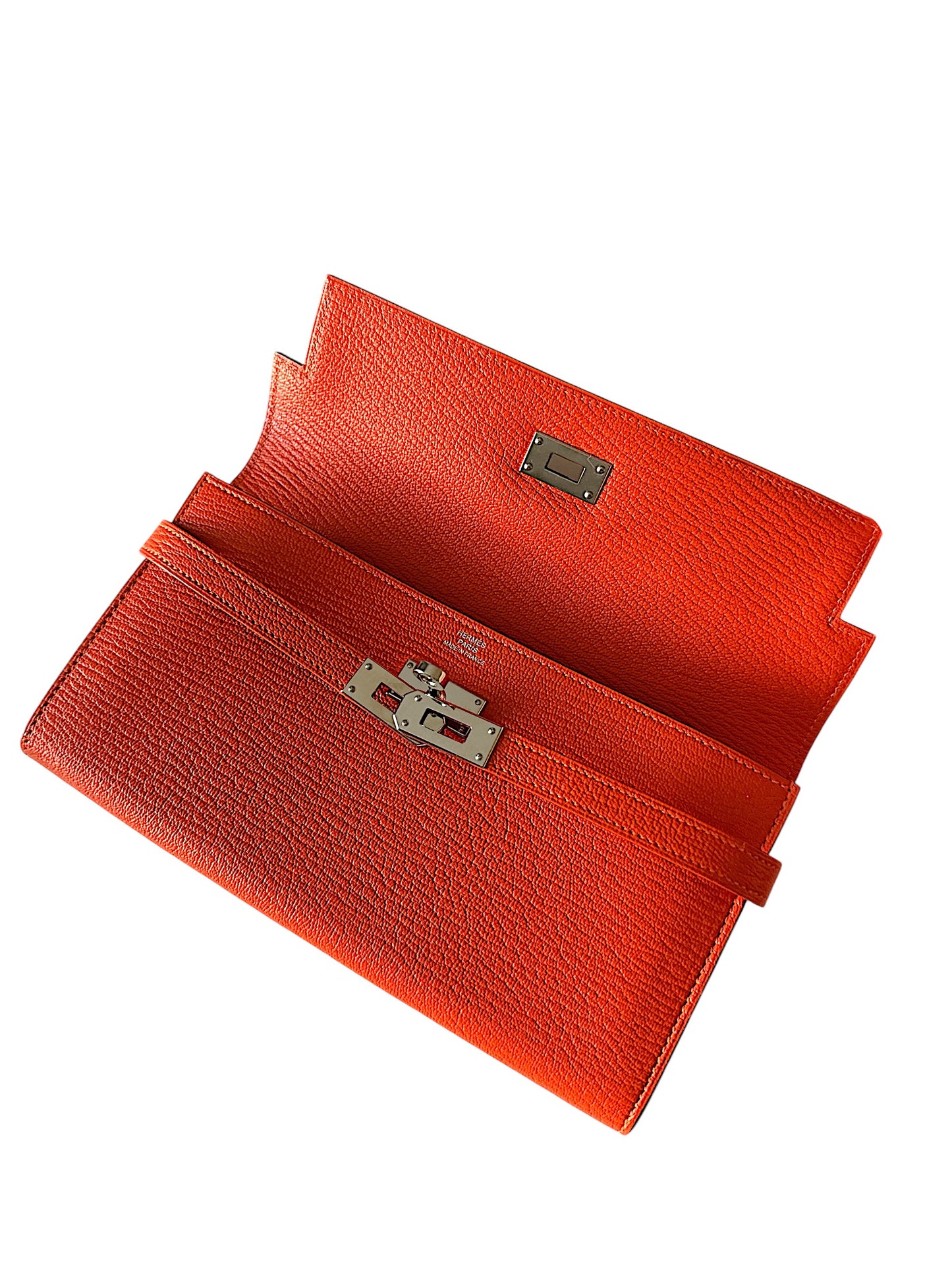 Hermes Kelly Classic Long Wallet Orange Chèvre Mysore Leather Palladium Hardware