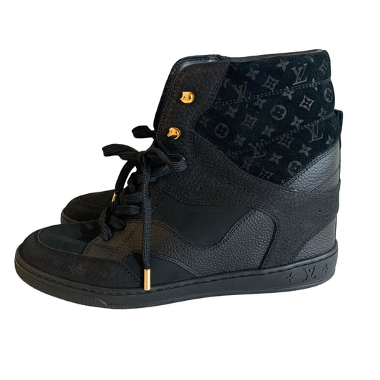 Louis Vuitton Black Leather And Embossed Monogram Suede Millenium Wedge Sneakers Size 40