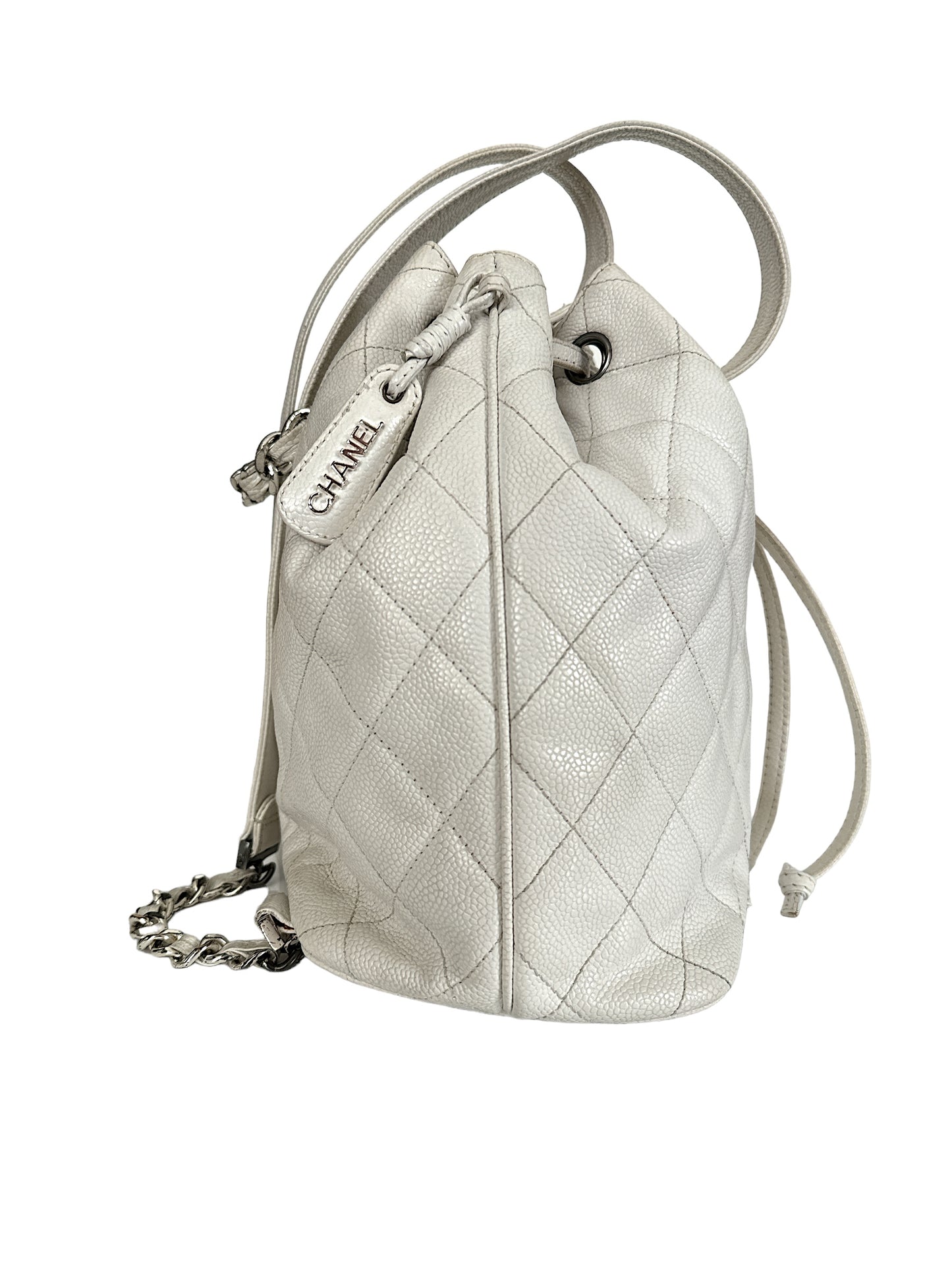 Chanel Caviar White Leather Bucket Bag Silver Hardware