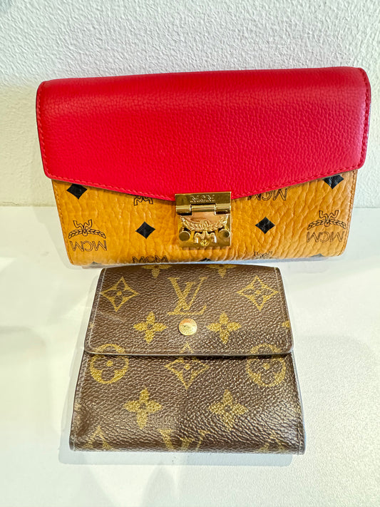 MCM Small Crossbody Visetos Cognac Red Gold Hardware & LV Mono gram Wallet