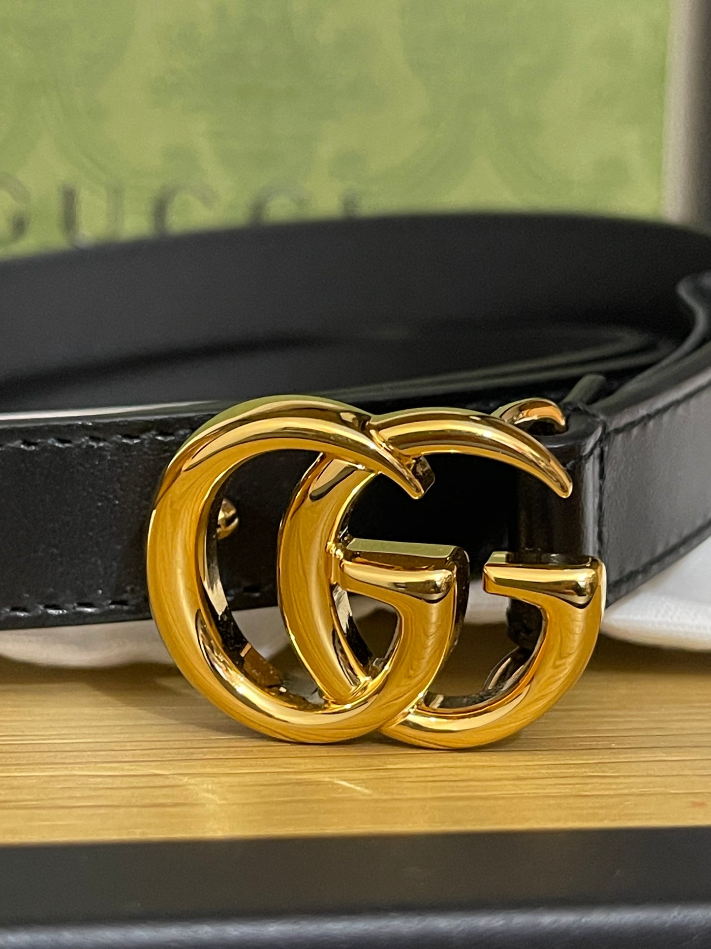 Gucci GG Marmont Black Leather Shiny Gold Buckle Size 120/48