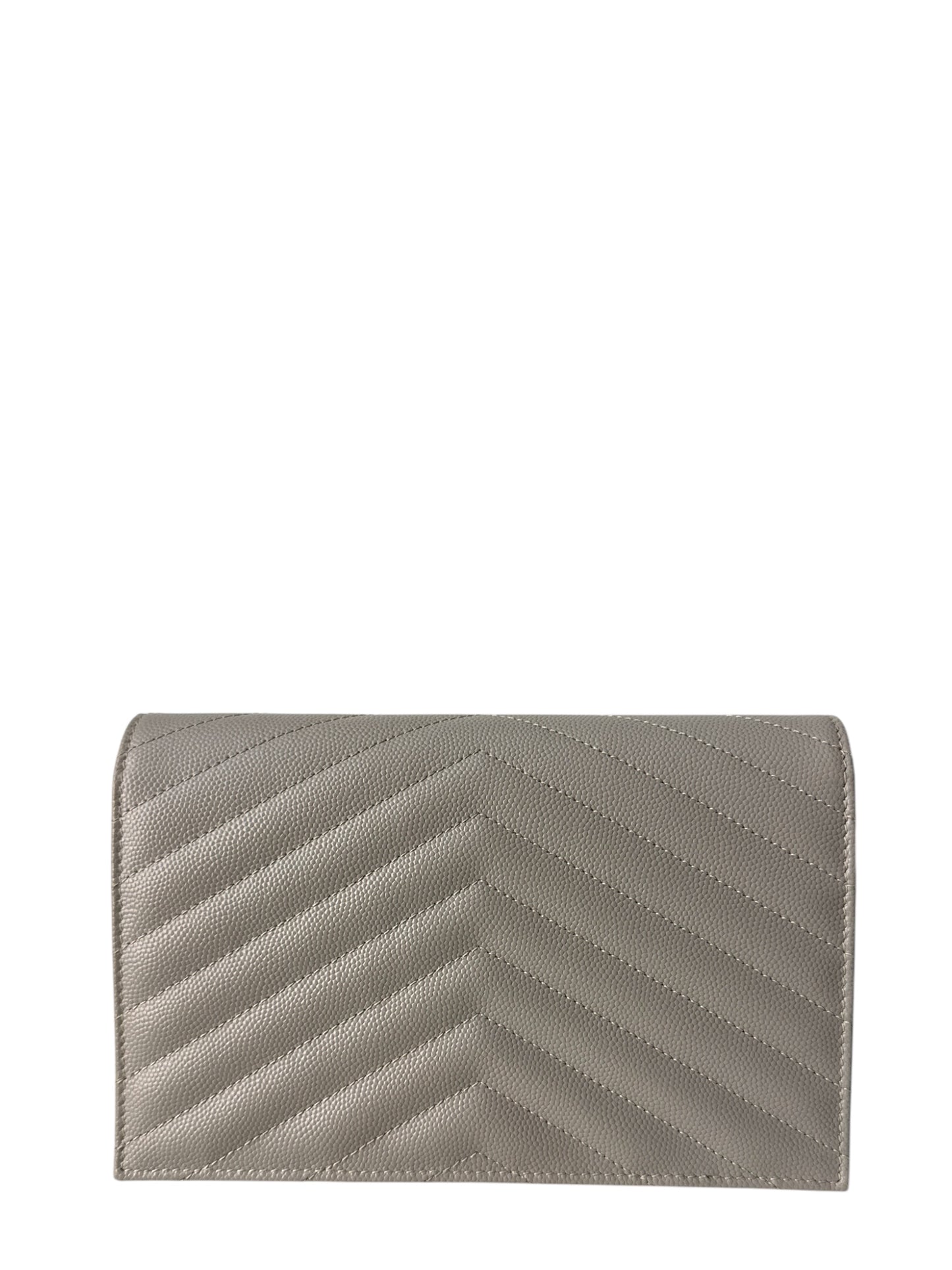 YSL CASSANDRE ENVELOPE CHAIN WALLET IN GRAIN DE POUDRE LEATHER GREY