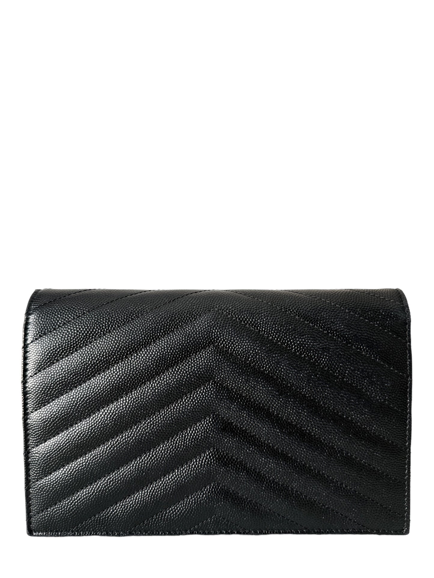 YSL CASSANDRE ENVELOPE CHAIN WALLET IN GRAIN DE POUDRE LEATHER NOIR