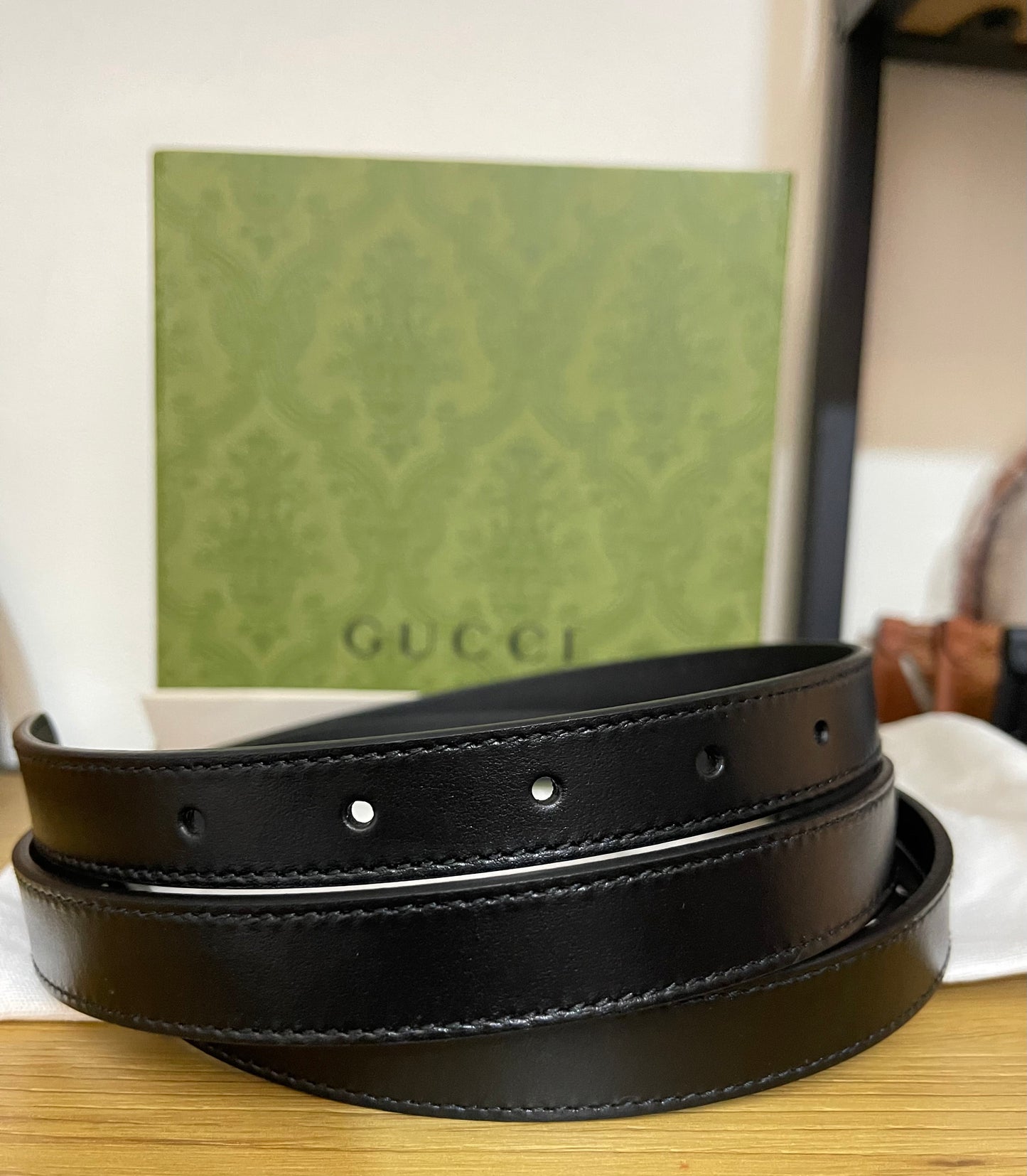 Gucci GG Marmont Black Leather Shiny Gold Buckle Size 120/48