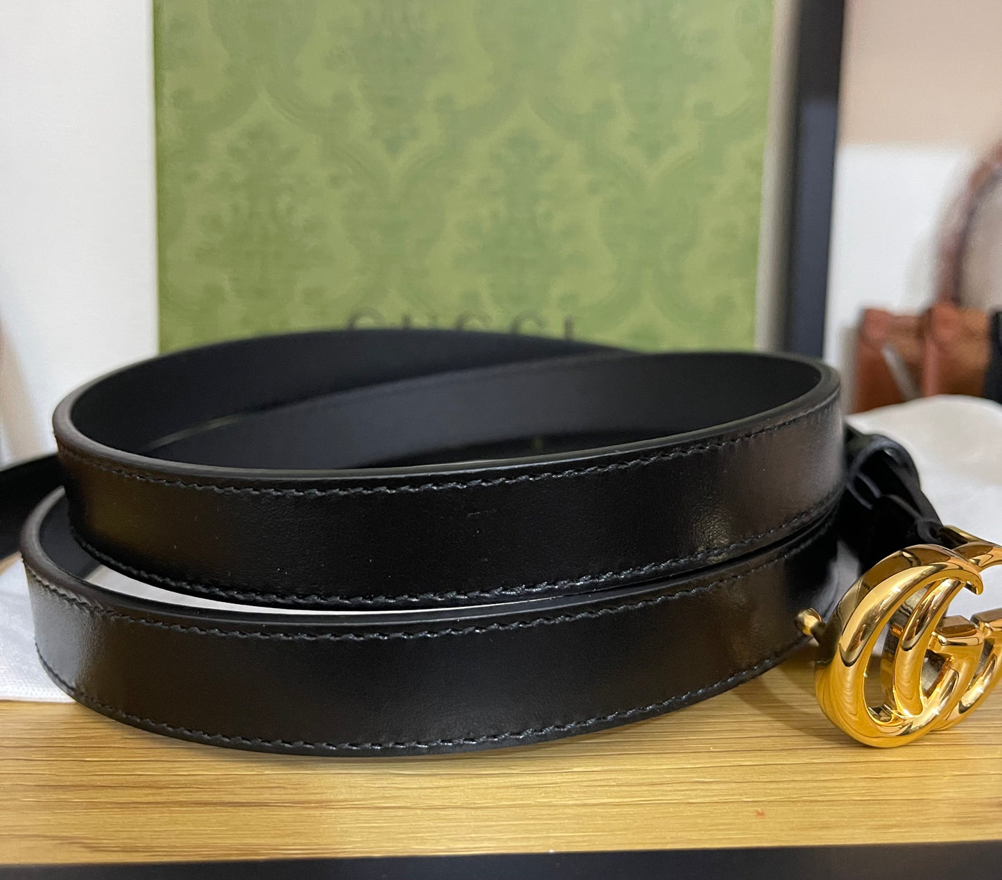 Gucci GG Marmont Black Leather Shiny Gold Buckle Size 120/48