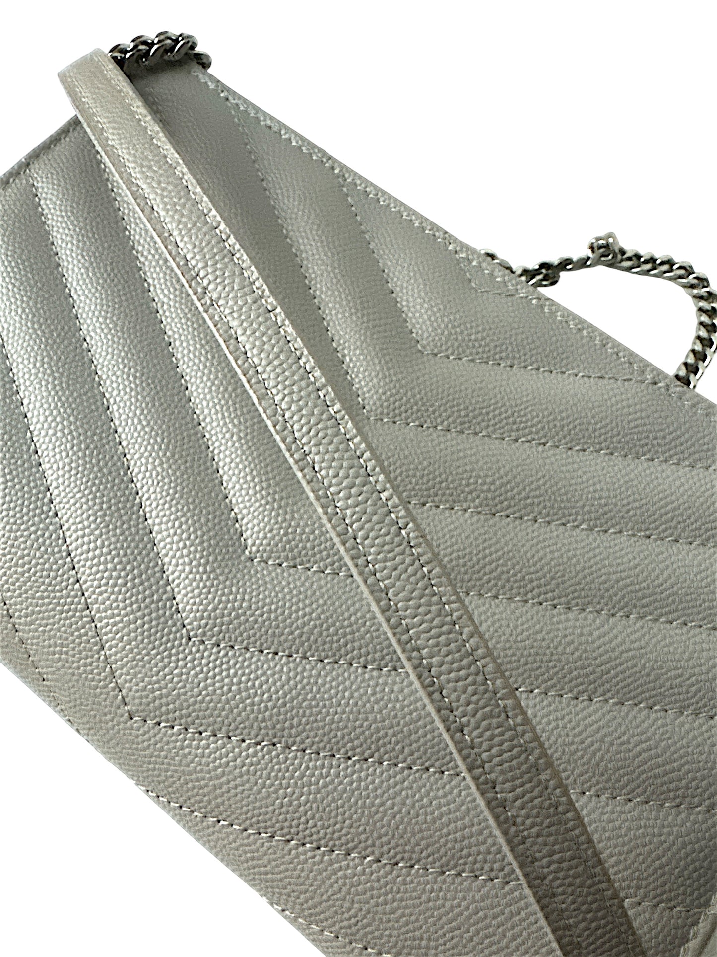 YSL CASSANDRE ENVELOPE CHAIN WALLET IN GRAIN DE POUDRE LEATHER GREY