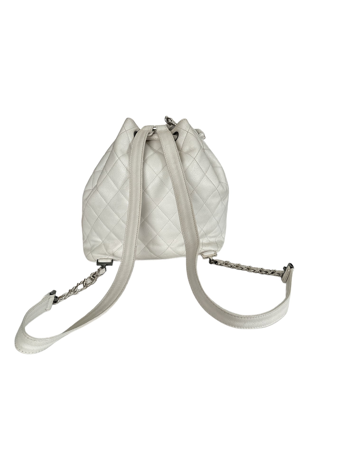 Chanel Caviar White Leather Bucket Bag Silver Hardware