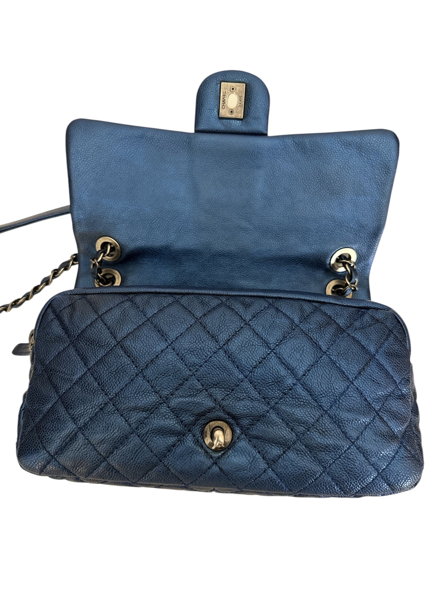 Chanel Medium Dark Blue Metalic Caviar Easy Flap Shoulder Bag