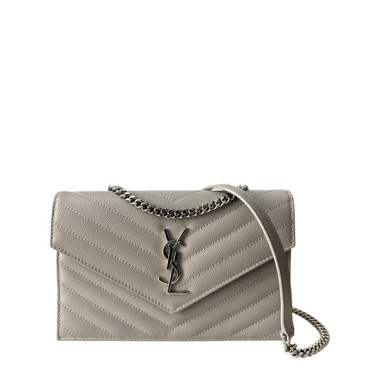 YSL CASSANDRE ENVELOPE CHAIN WALLET IN GRAIN DE POUDRE LEATHER GREY