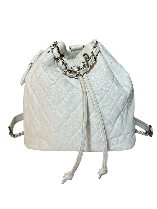 Chanel Caviar White Leather Bucket Bag Silver Hardware