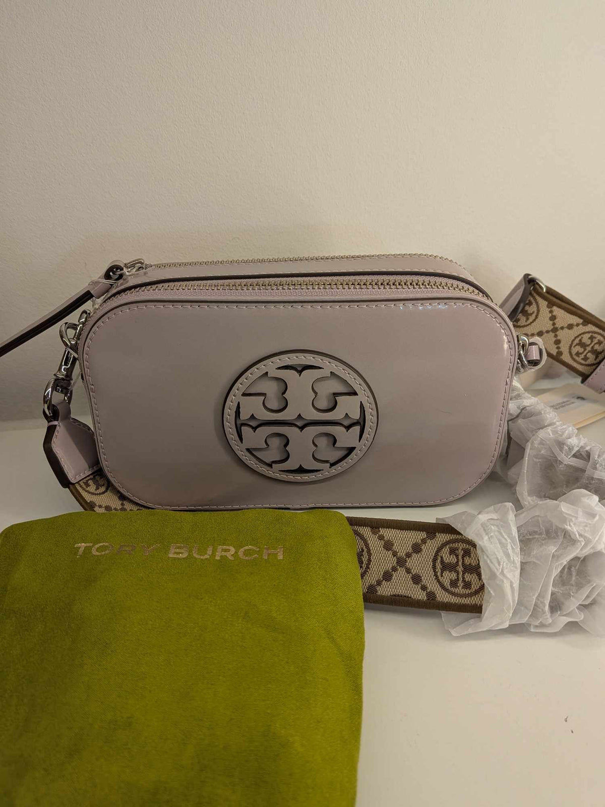 110580705-2 Tory Burch Mini Miller Spazzolato Leather Crossbody Bag in a light pink/primrose 10011011
