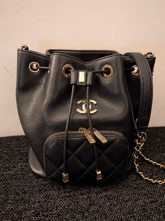 Chanel Drawstring Bucket Black Caviar Gold Hardware