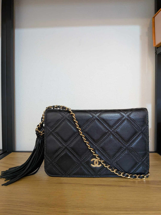 Chanel Lambskin Quilted Double Stitch Tassel Wallet On Chain Black Gold Hardware