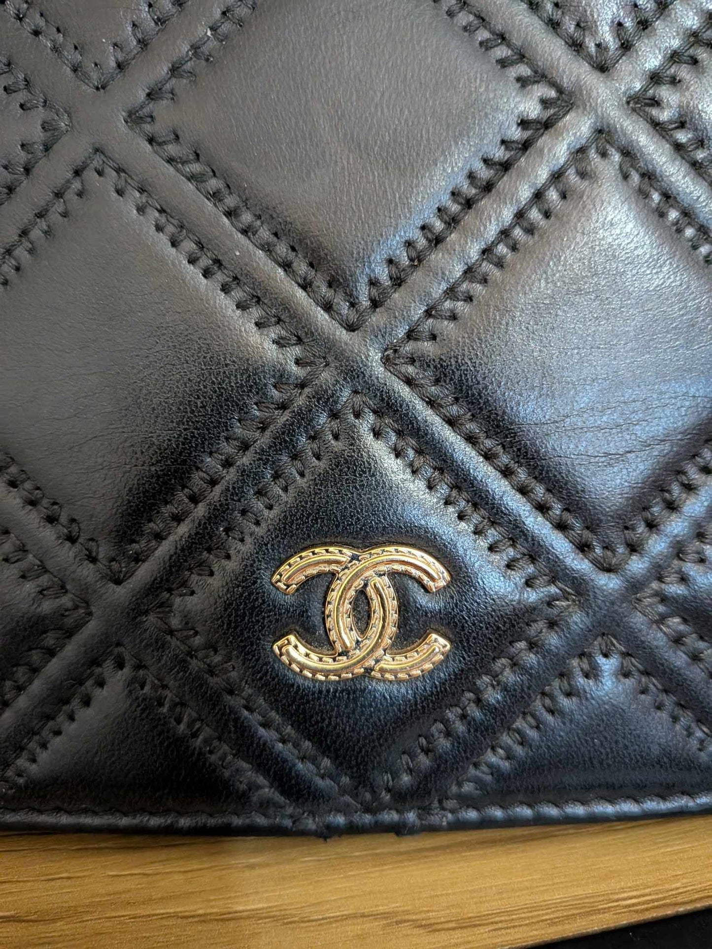 Chanel Lambskin Quilted Double Stitch Tassel Wallet On Chain Black Gold Hardware