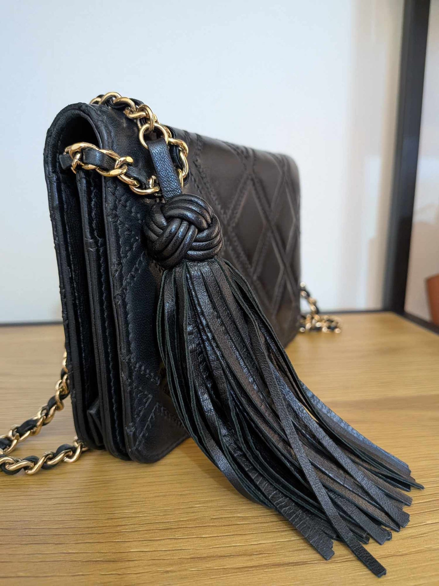 Chanel Lambskin Quilted Double Stitch Tassel Wallet On Chain Black Gold Hardware