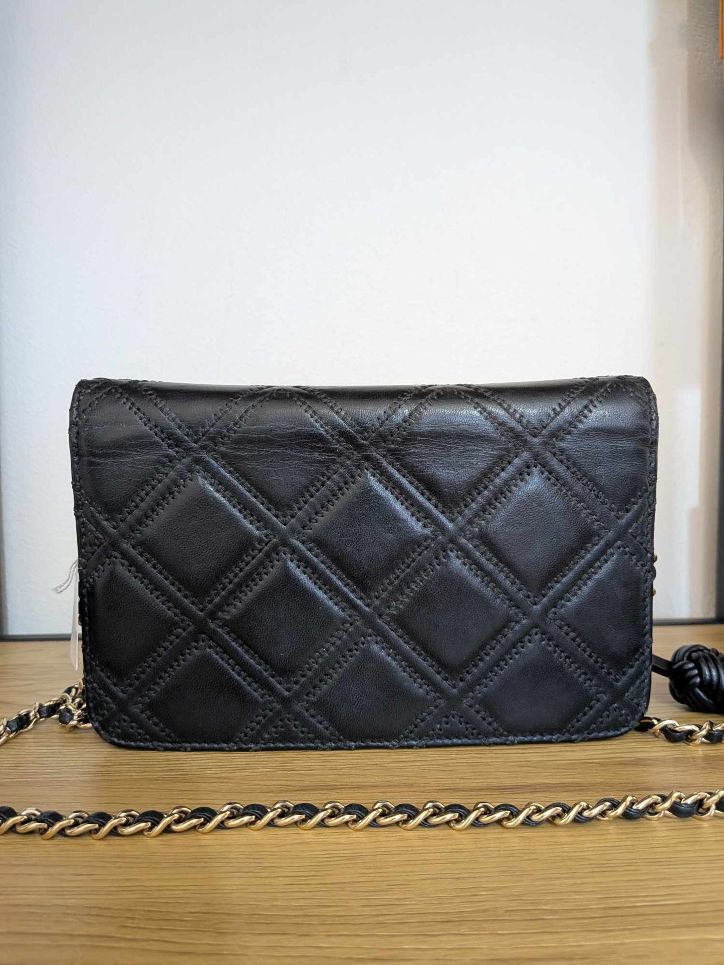 Chanel Lambskin Quilted Double Stitch Tassel Wallet On Chain Black Gold Hardware