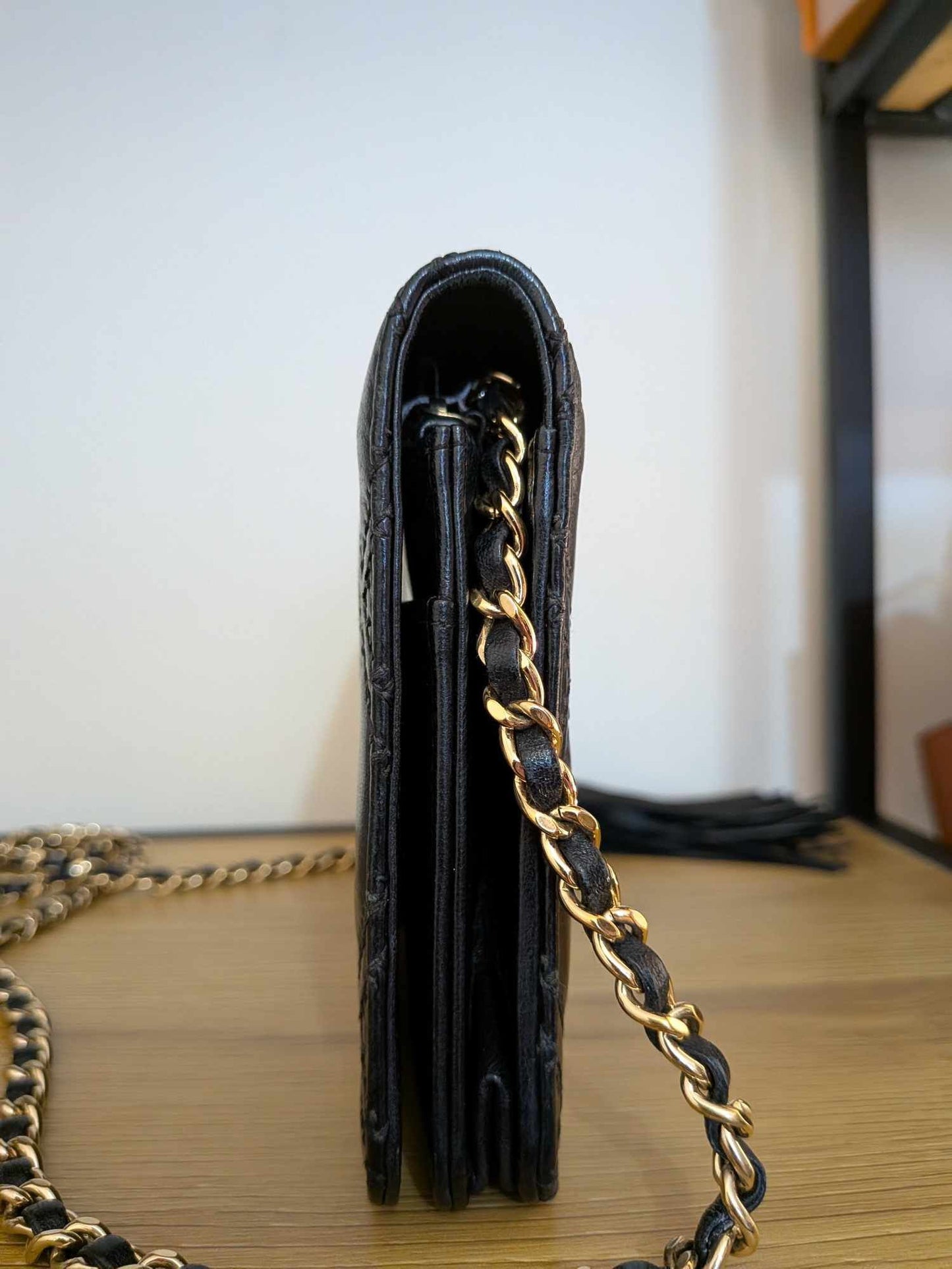 Chanel Lambskin Quilted Double Stitch Tassel Wallet On Chain Black Gold Hardware