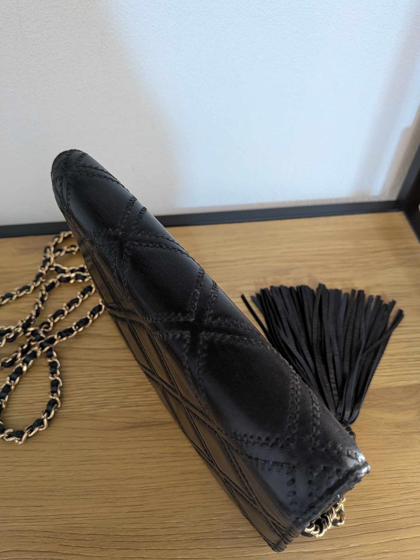 Chanel Lambskin Quilted Double Stitch Tassel Wallet On Chain Black Gold Hardware