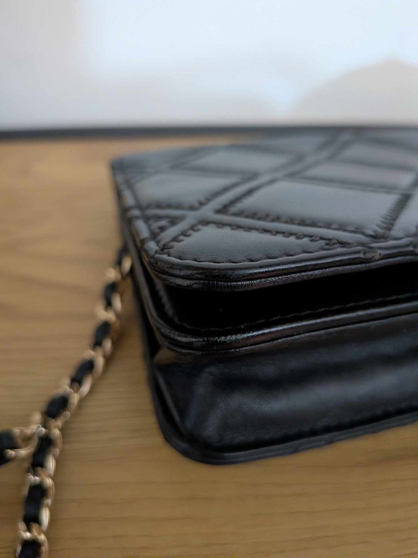 Chanel Lambskin Quilted Double Stitch Tassel Wallet On Chain Black Gold Hardware